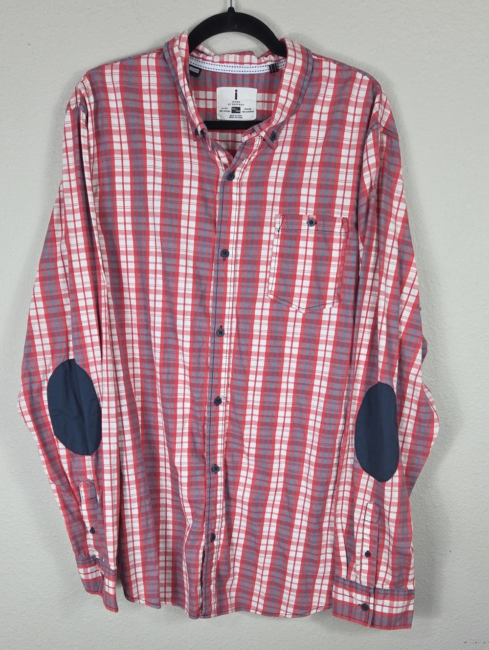i Jeans by Buffalo Men's XXL Red Plaid Long Sleeve Button Down Elbow Patch Shirt